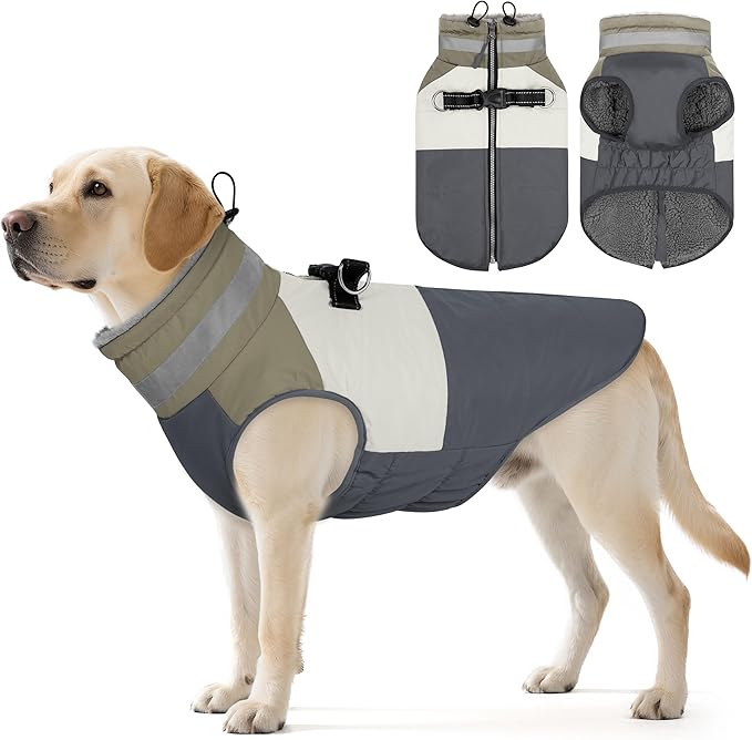 Dog Winter Coat, Reflective Dog Coats for Large Dogs, Waterproof Windproof Pet Clothes Jacket with Harness Built in, Warm Cold Weather Coats, Dogs Snowsuit Vest, Grey XX-Large