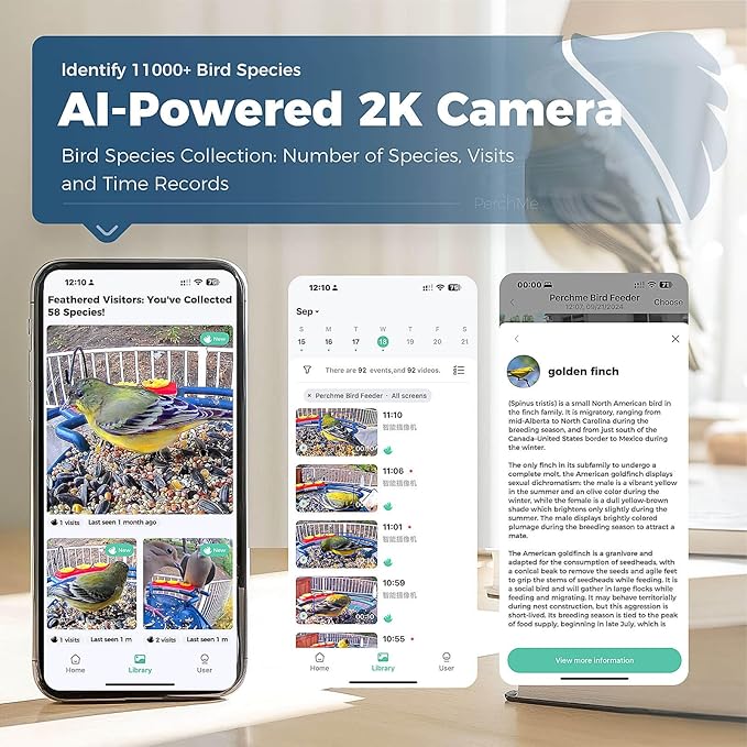 PerchMe® Smart Bird Feeder with Camera, Solar Powered Bird Watching Camera for Outside, 2K HD Auto Capture Motion Detection with AI Identify, DIY Add-ons & Seed Scoop, A Ideal Gift