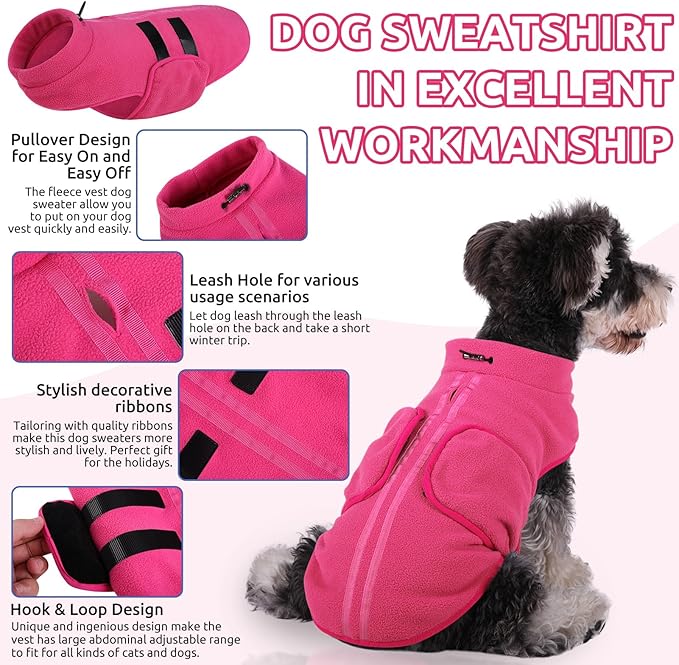 Queenmore XXS Dog Sweater, Soft Fleece Vest Pullover Dog Jacket with Leash Hole, Warm Winter Dog Clothes Cold Weather Doggy Dachshund Sweaters for Small Dogs Cats Boy or Girl (Pink, XXS)