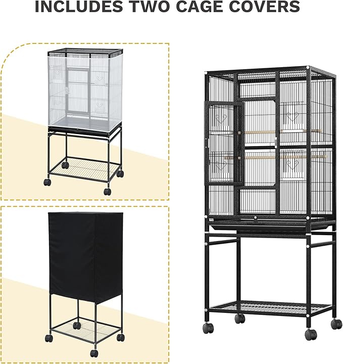 DWVO 53.9-Inch Metal Bird Cage: Large Parrot Cages with Seed Catcher & Cover - Rolling Stand with Brakes for Parakeets, Lovebirds, Cockatiels, Finches and Pigeons, Black
