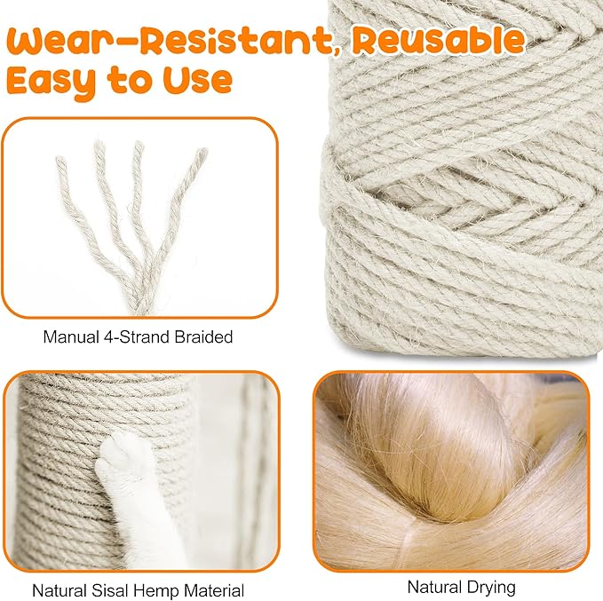 262FT/80M Cat Scratching Sisal Rope, 6mm Thick Natural Jute Rope for Scratch Posts, Cat Trees, DIY Projects, Sisal Rope for Cat Scratcher with 2 Cat Mouse Toys (White, 262ft)