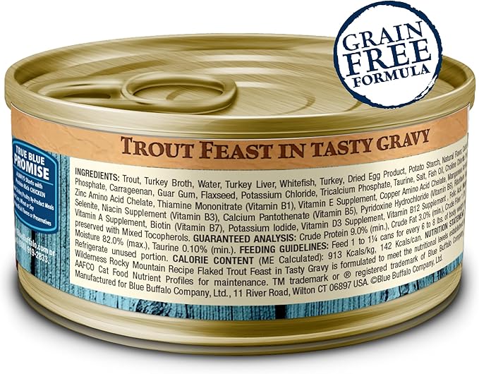 Blue Buffalo Wilderness Rocky Mountain Recipe Natural High Protein Wet Food for Adult Cats, Trout in Tasty Gravy, 5.5-oz cans, Pack of 24