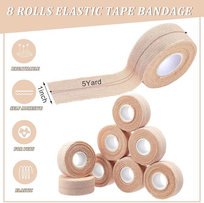 Tondiamo 8 Rolls Elastic Adhesive Bandage Tape Medical Bandage Wrap Athletic Sports Tape Flexible Stretch Skin Bandages Strips for Ankle, Knee, Wrist Sprains Animal Pets(1 Inch X 5 Yard)