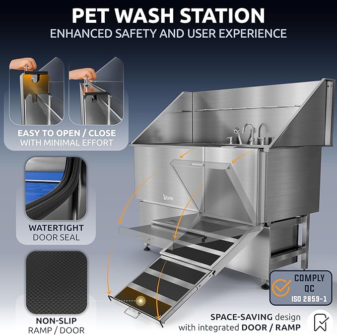 KANIS Professional Dog Washing Station - 304 Stainless Steel Pet Wash Sink & Grooming Bath Tub for Home with Ramp, Shower, Floor Grate, Storage Drawers, and Faucet for Large, Medium & Small Pets
