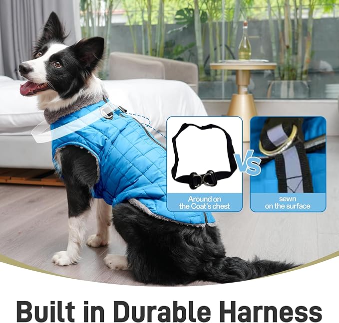 Warm Fleece Dog Coats with Durable Harness Buitl in D-Ring,Waterproof Doggie Jacket for Large Dogs,Dog Vest for Cold Winter,Light Blue XXXL