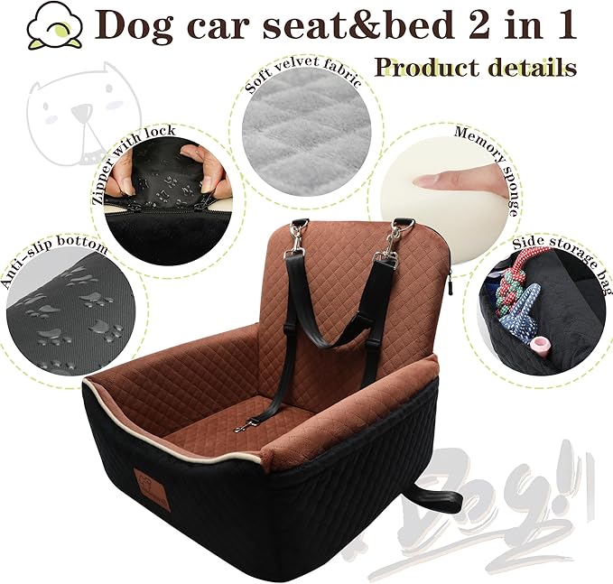 Dog Car Seat Bed 2 in 1 for Small/Medium Dogs up to 35 lbs,Adjustable Safety Leashes,Memory Foam with Soft Fabric Pets Travel Car Bed,Easily Installed in Front and Back seat,Removable and Washable.