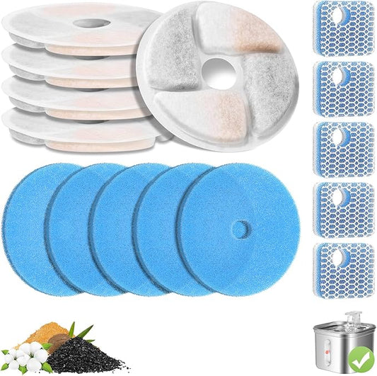 5 Pack Cat Fountain Filter Replacement for Square 2.2L/73oz Automatic Pet Water Fountain, Stainless Steel Cat Water Fountain Filters, Triple Filtration System, Activated Carbon Filters