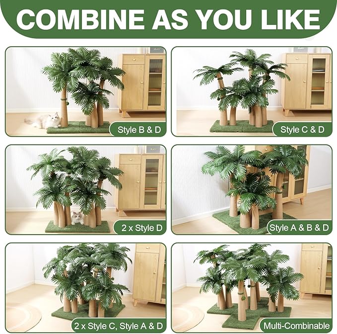 40'' Tall Cat Scratching Post Cat Tree, 3 Curved Design Palm Tree Cat Scratching Post with 8 Interactive Balls, Natural Sisal Rope Cat Scratchers for Indoor Cats, Multi-Combinable (Style D)