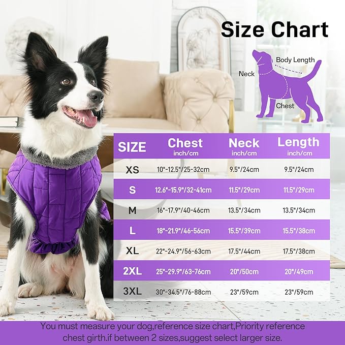 Warm Fleece Dog Coats with Durable Harness Buitl in D-Ring,Waterproof Puppy Jacket for Small Dogs,Dog Vest for Cold Winter,Purple S