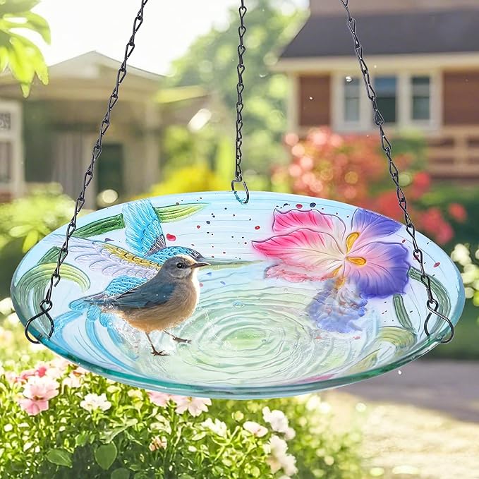MUMTOP Hanging Bird Baths for Outdoors - Glass Bird Bath, 12 Inch Hanging Bird Bath Bird Feeder Bowl for Outside, Garden, Lawn Yard Decor