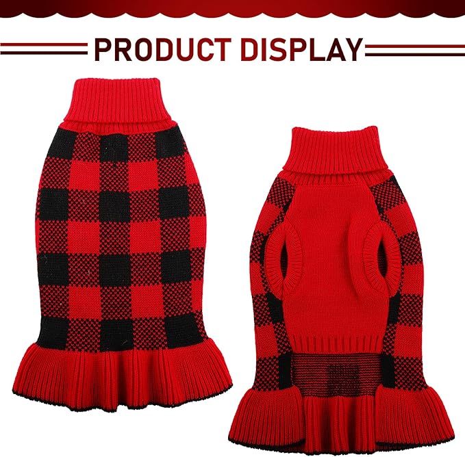 Dog Sweater Dress Plaid Knitwear for Small Medium Dogs Warm Puppy Pet Turtleneck Stretch Pullover Cute Fall Winter Vest Clothes with Leash Hole for Christmas (Red, 2XL)