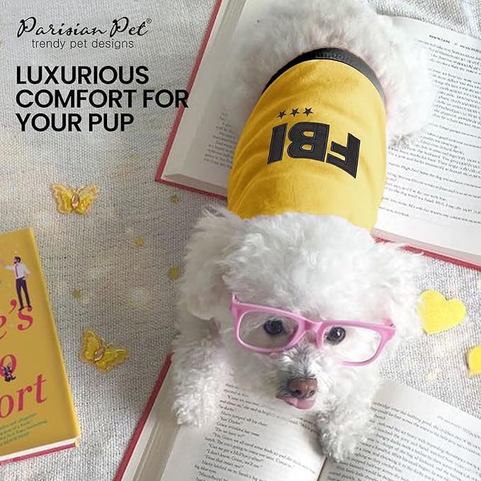 Parisian Pet Dog T-Shirt - Embroidered FBI Shirt - 100% Cotton, Breathable Dogs Clothes - Sleeveless Pet Vest - Machine Washable Yellow Shirts for Small Dogs - S