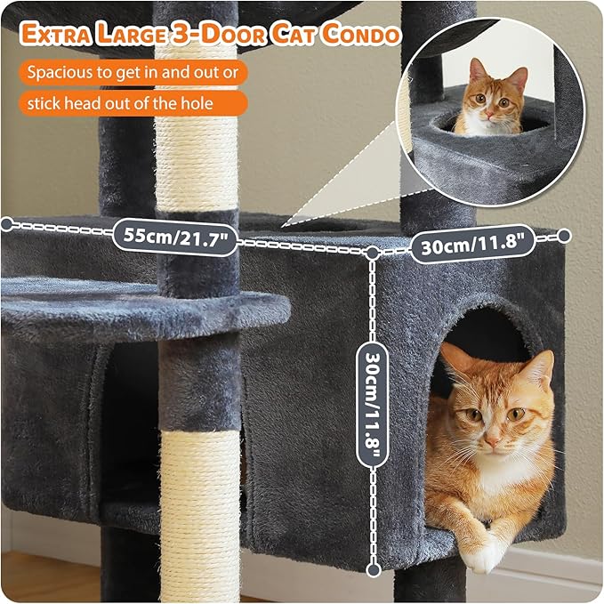 PAWZ Road Heavy Duty Cat Tree for Large Cats, 81 Inches Tall Cat Tower with 2 Perches, 2 Condos and Spacious Hammock, XL Extra Large Condo with 7 Scratching Posts for 20lb+ Adult Cats, Dark Gray