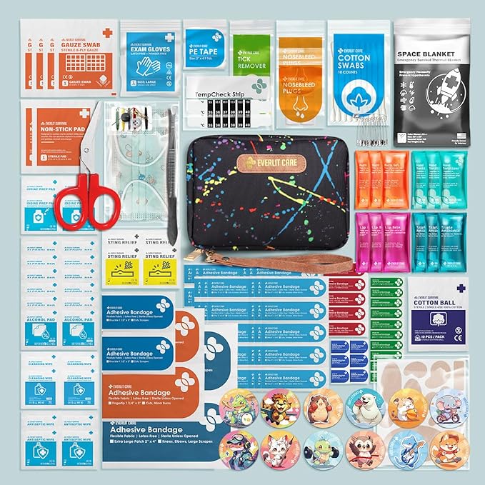 EVERLIT Care Rescue Pack | Family-Friendly First Aid Kit for Kids with 200 Pcs Medical Supplies | Travel-Friendly Compact Storage Bag for Home, Car, Travel, Camping, Adventure (Splatter)
