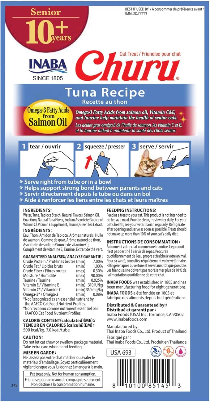 INABA Churu for Senior 10+, Creamy Lickable Cat Treats with Taurine, Vitamin E & C, 0.5 Ounces Each, 24 Tubes (4 per Pack), Tuna Recipe