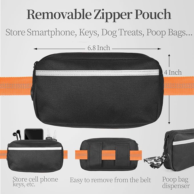iYoShop Hands Free Dog Leash with Zipper Pouch, Dual Padded Handles and Durable Bungee for Walking, Jogging and Running Your Dog (Large, 25-120 lbs, Orange)