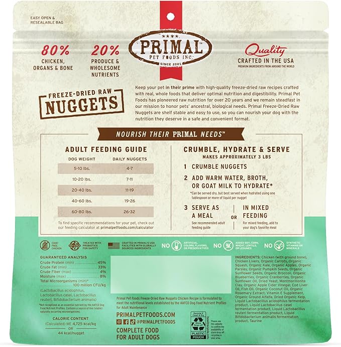 Primal Freeze Dried Dog Food Nuggets, Chicken; Complete Balanced Meal, Topper or Treat; Premium, Healthy, Grain Free, High Protein Raw Dog Food, 14 oz