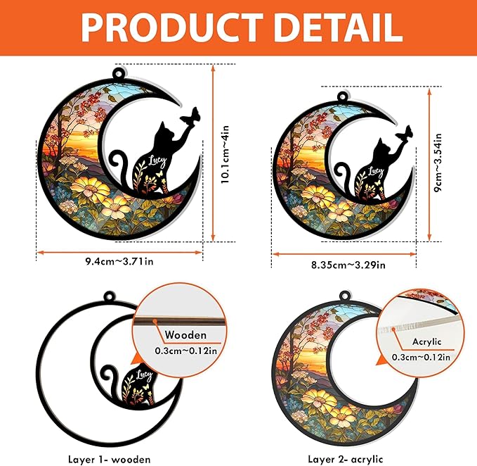 NAZENTI Personalized Cat Memorial Suncatcher, Sympathy Gift for Loss of Cat, Pet Remembrance Gift, Stained Glass Suncatcher, Custom Breed and Name, Pet Memorial Ornament Window Hanging