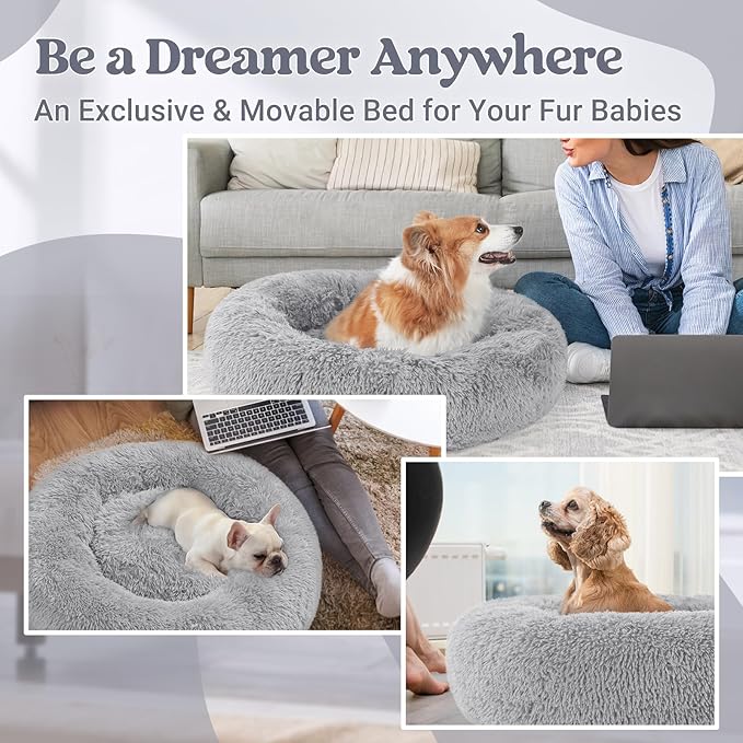 rabbitgoo Calming Dog Bed for Small Medium, 30 inches Pet Bed Machine Washable, Non-Slip Round Fluffy Plush Faux Fur Large Cat Cushion, Soft Donut Cuddler Cushion for Small Dogs, Light Grey