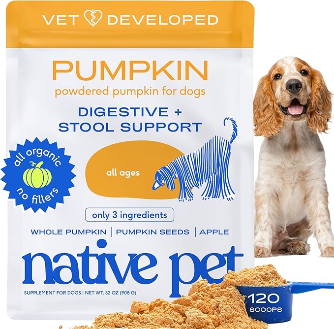 Native Pet Pumpkin for Dogs - Organic Powder Pumpkin Puree Dog Food Toppers-Rich in Fiber Supplement Powder Helps with Digestion, Nutrient Absorption, Diarrhea, Constipation & Upset Stomach-120 Scoops