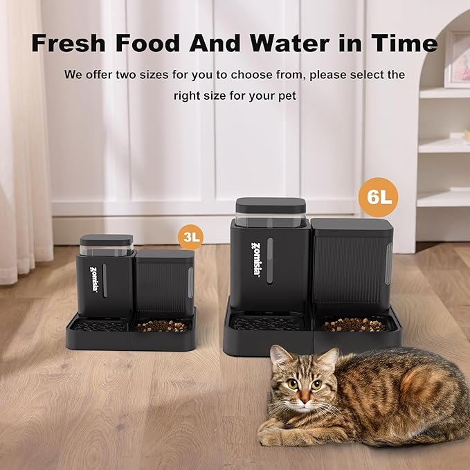 Gravity Cat Feeder and Water Dispenser, 2 in 1 Automatic Cat Feeder with 180 Degree Rotatable, 2 Pack Large Capacity Self Feeding for Small Medium Dog Puppy Kitten, Black, 1.6GALx2