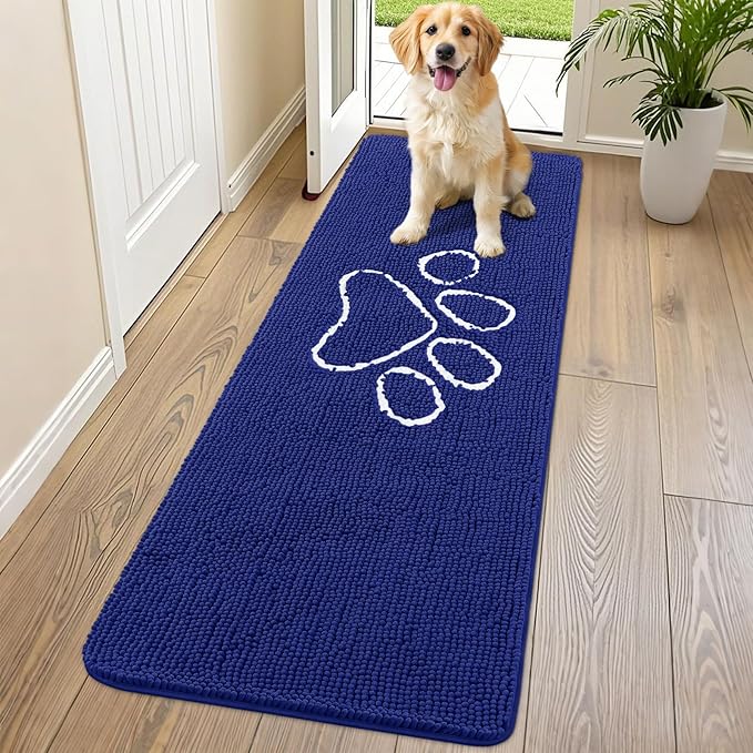 Smiry Dog Door Mat for Muddy Paws, Absorbent Dirt Trapper Non Slip Quick Dry Washable Chenille Mat for Mud Dogs, Entry Rug for Indoor and Outdoor (70x24 Inches, Navy Blue)