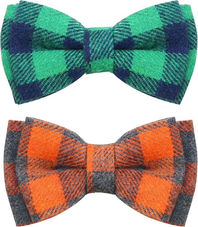 Joytale Upgraded Cat Collar with Bells, Breakaway Cat Collars with Bow Tie, 2 Pack Girl Boy Safety Plaid Kitten Collars, Green+Orange