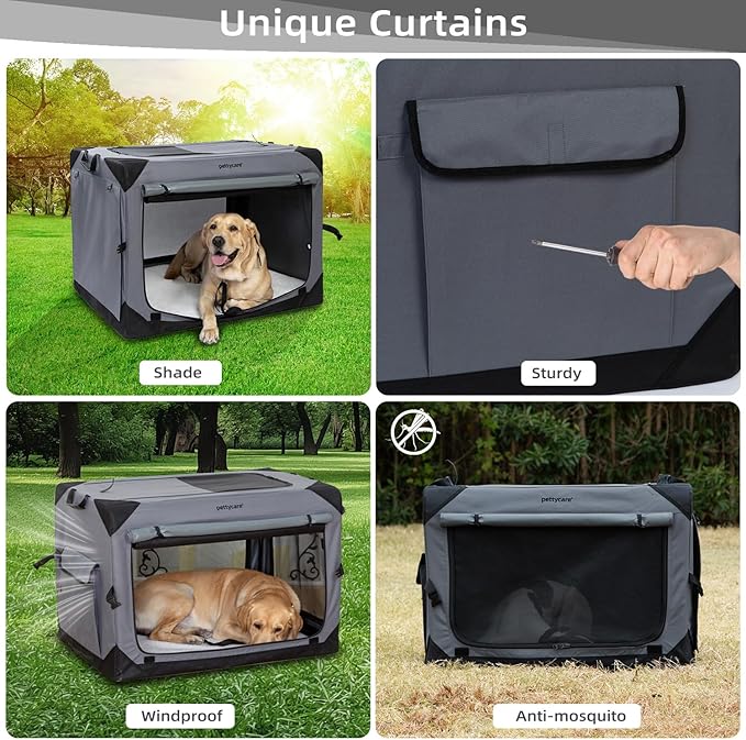 Pettycare 26 Inch Collapsible Dog Crate with Curtains Travel Dog Crate for Airflow and Calm Soft Pet Kennel with Portable Bag and More Chew Proof Mesh Indoor & Outdoor Grey 4 Door Curtains