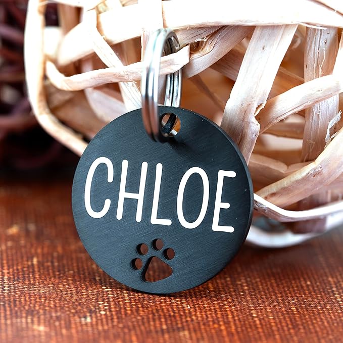 Ultra Joys Dog Tags Personalized for Pets - Hollow Paw Custom Pet ID Tag - Engraved Dog Tag for Small, Large Dogs - Small Round in Black