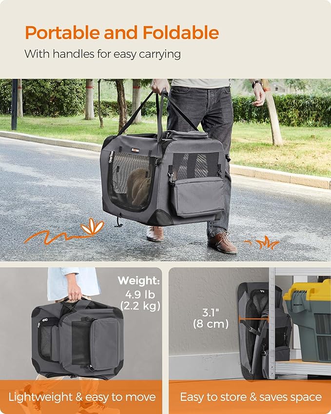 Feandrea 24 Inches Collapsible Soft Dog Crate, Portable Travel Dog Crate for Indoor and Outdoor Use, Dog Carrier Kennel with Safety Zippers, for Living Room, Car, Travelling, Camping, Gray UPDC60GY