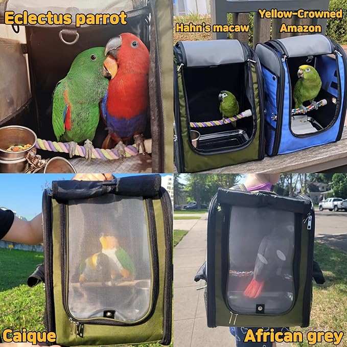 Birds Day Bird Carrier Backpack-Parrot Travel Cage with 2PCS Perch and Food Bowl, Stainless Steel Tray (Dark Olive Green)