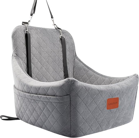 Dog Car Seat for Medium Dogs Up to 35lbs,Fully Detachable and Washable,Easy to Install with Adjustable Straps,Anti-Slip Bottom Travel Car Bed for Pets,2 Side Pockets(Grey,Medium)