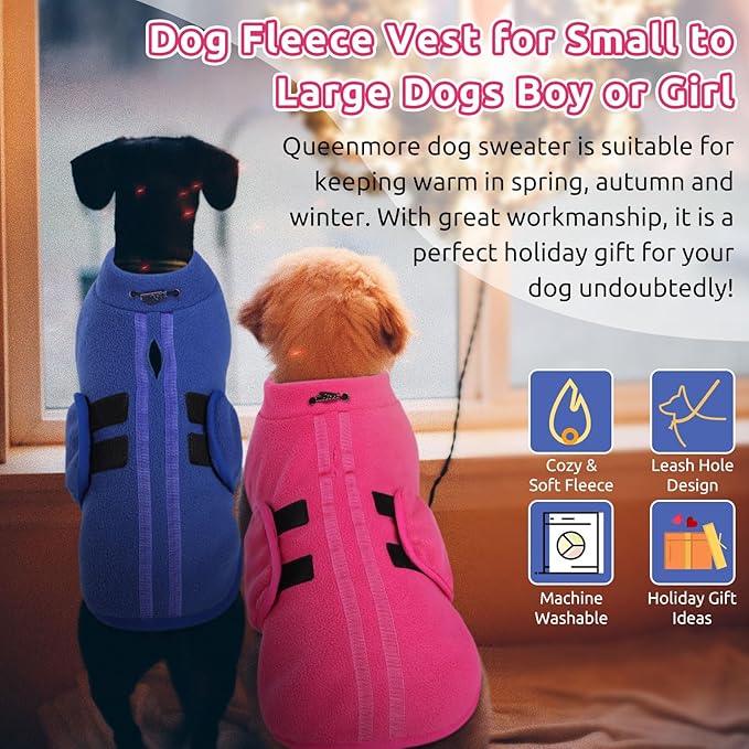 Queenmore Medium Dog Sweater, Soft Fleece Vest Pullover Dog Jacket with Leash Hole, Warm Winter Dog Clothes Cold Weather Doggy Dachshund Sweaters for Medium Dogs Cats Boy or Girl (Blue,M)