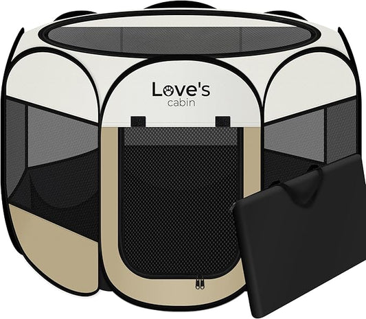 Love's cabin Pet Puppy Dog Playpen, Large Dog Tent Crates Cage Indoor/Outdoor, Portable Playpen for Cat, Foldable Pop Up Dog Kennel Playpen with Carring Case, Removable Zipper Top, Khaki