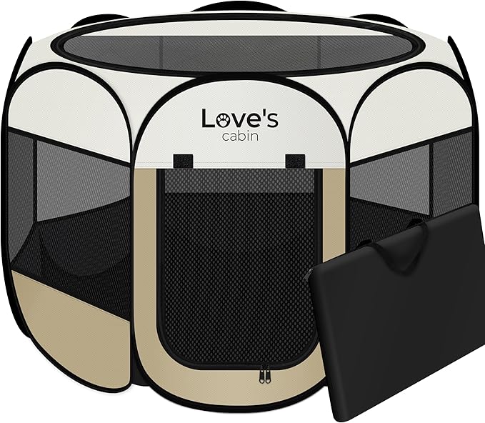 Love's cabin Pet Puppy Dog Playpen, Small Dog Tent Crates Cage Indoor/Outdoor, Portable Playpen for Cat, Foldable Pop Up Dog Kennel Playpen with Carring Case, Removable Zipper Top, Khaki