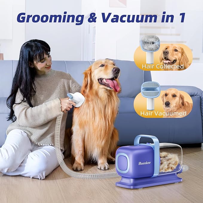 Dog Grooming Kit with Vacuum, All-in-One Pet Grooming Vacuum for Dogs and Cats, Low Noise Pet Hair Clipper & Shedding Brush, Dog Hair Remover, Cat Pet Groomer Set with Cleaning Brushes, Blue