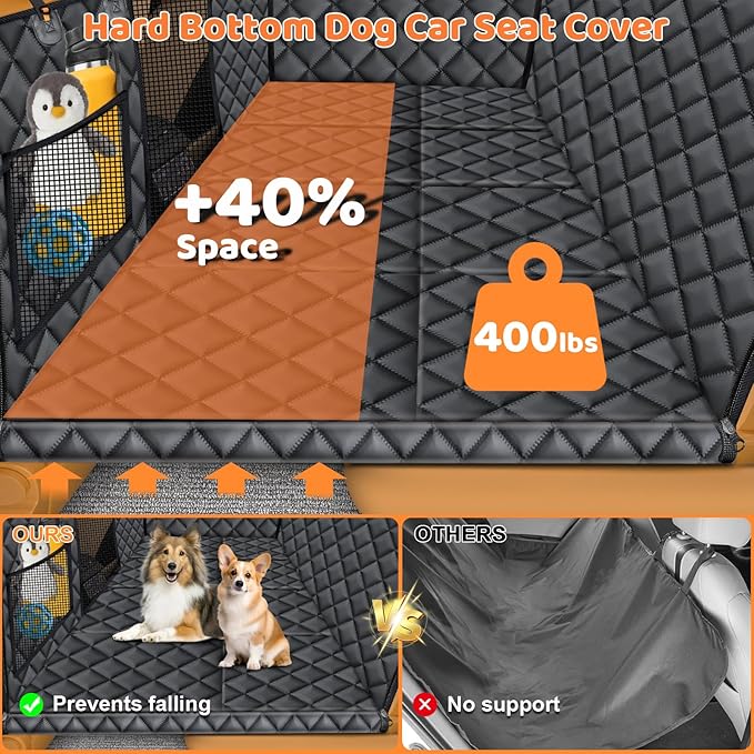 URPOWER Back Seat Extender for Dogs - Hard Bottom Dog Car Seat Cover with 1PC Leak-Proof Pee Pad, Foldable Dog Hammock for Car, SUV, and Truck, Pet Rear Seat Protector Dogs Travel Bed with Mesh Window