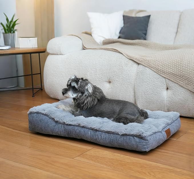 Small Dog Bed with Low-Angle Soft Pillow.Deluxe Dog Bed Fabric Comfortable and Soft.with Non-Slip Bottom, Washable pet Bed for Crate.Color: Grey.