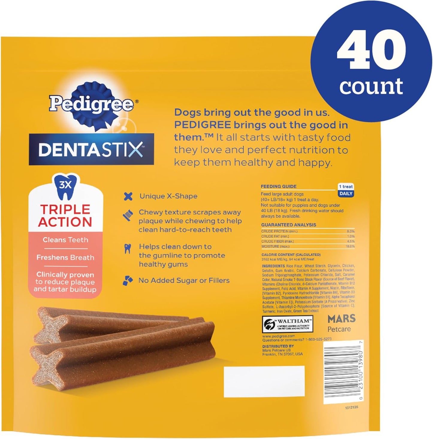 Pedigree Dentastix Large Breed Dog Treats, Beef Flavor, 2.08 lb. Bag (40 Treats)