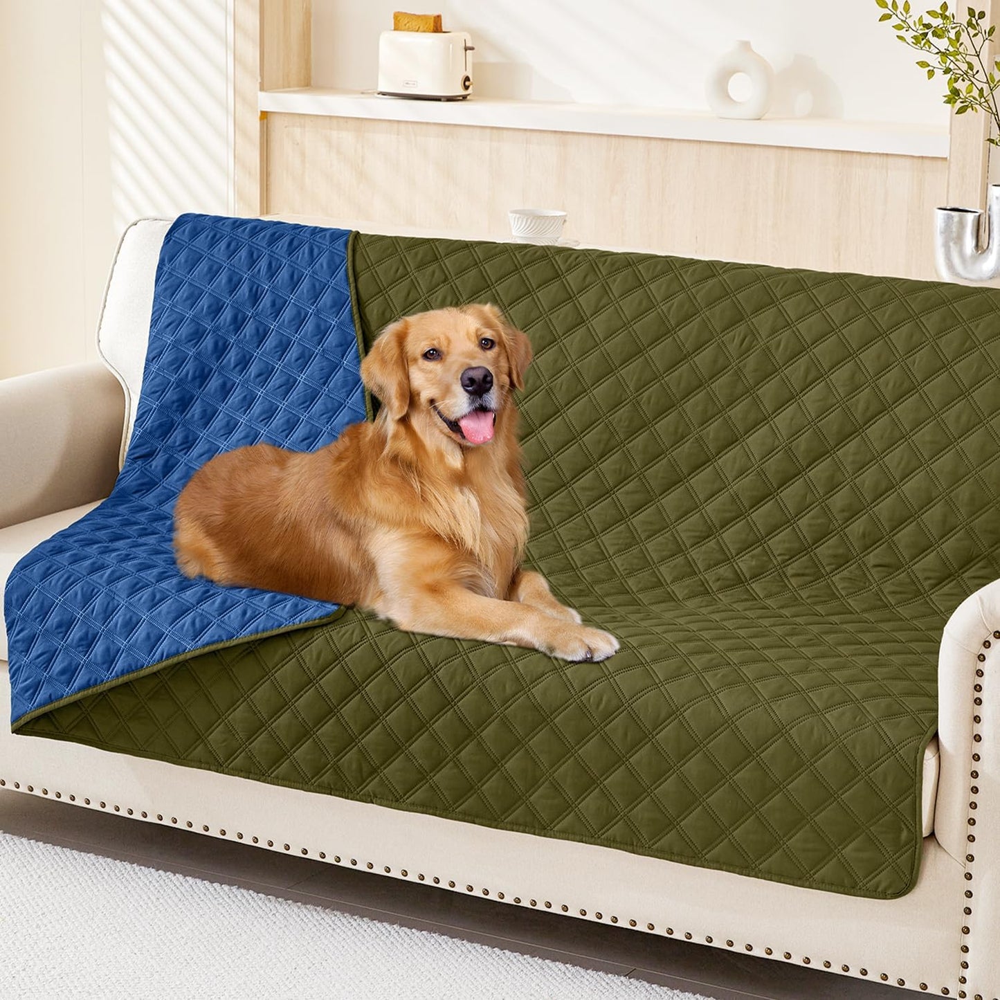 Smiry Waterproof Dog Bed Cover Pet Blanket, Soft Washable Dog Blanket for Furniture Bed Couch Sofa Reversible, Checkered (52"x82", Green/Navy)