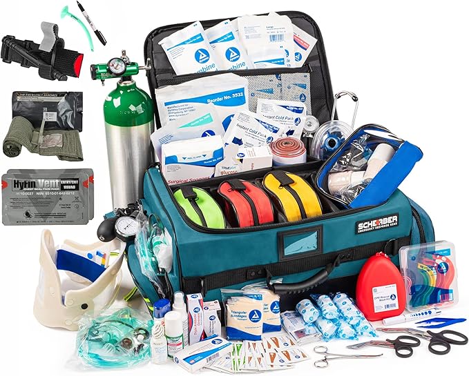 Scherber Fully-Stocked Premium First Responder Bag | HSA/FSA Approved | Large Pro EMT/EMS Trauma, Bleeding & Oxygen Medical Kit | CAT Tourniquet, HyFin Chest Seal & 250+ First Aid Supplies (Blue)