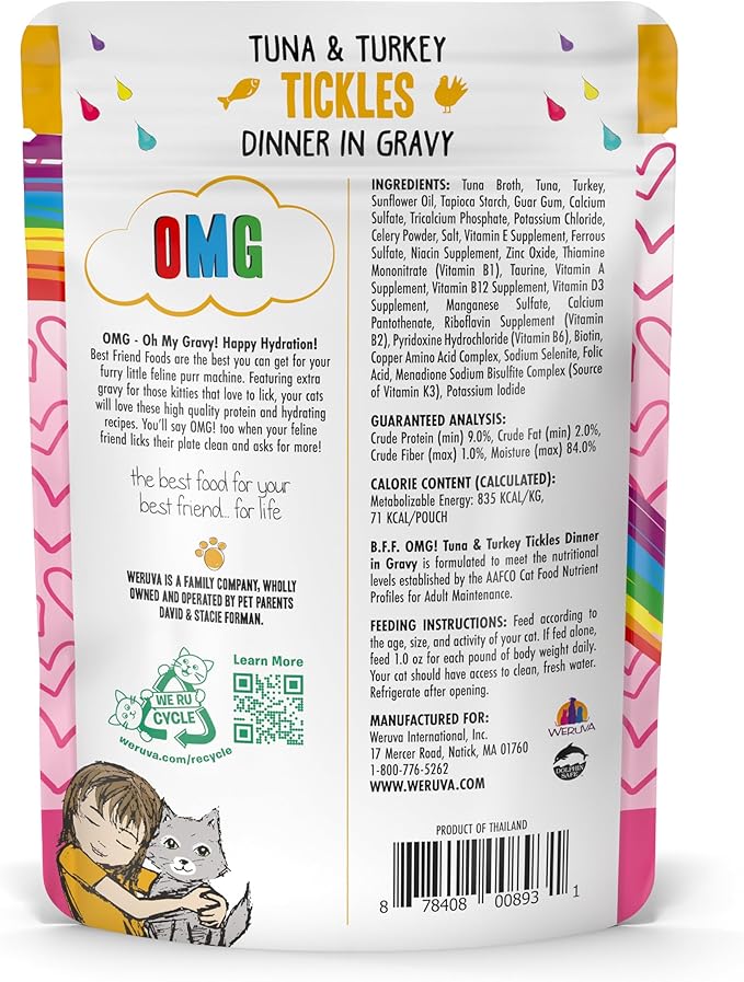 Weruva B.F.F. OMG - Best Feline Friend Oh My Gravy!, Tuna & Turkey Tickles with Tuna & Turkey in Gravy Cat Food, 3oz Pouch (Pack of 12)