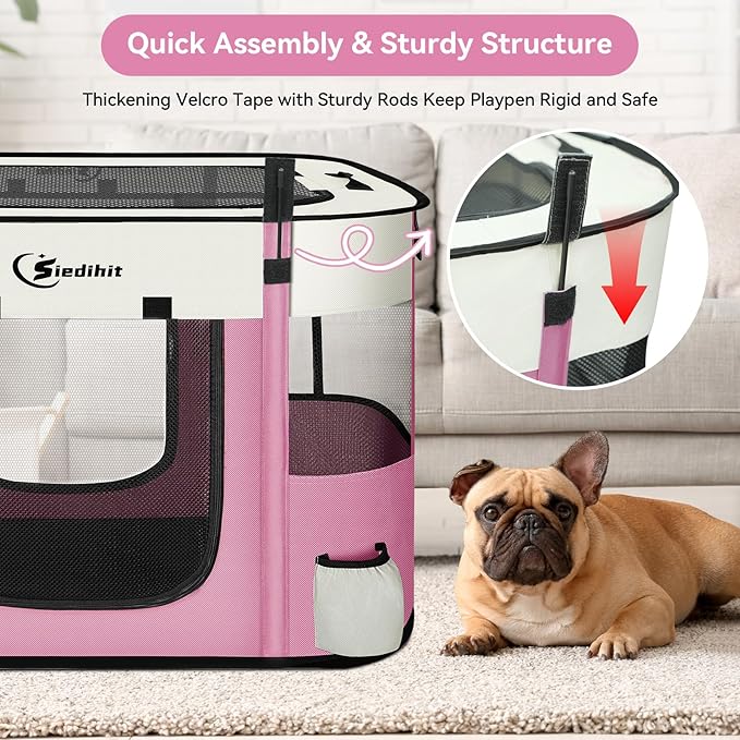 Dog Cat Playpen, Pet Puppy Portable Playpens for Outdoor Travel Crate, Indoor After Surgery Use, Foldable Dog Kennel Tent for Rabbit or Small Animals and Tent Stakes(Pink, Medium)