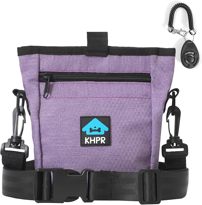 Dog Treat Pouch Magnetic Closure with Training Clicker，Hands-Free Design to Prevent Spills，Built in Poop Bag Dispenser，3 Ways To Wear，Metal Clip Waist Belt and Fanny Pack for Pet Walking（Purple）