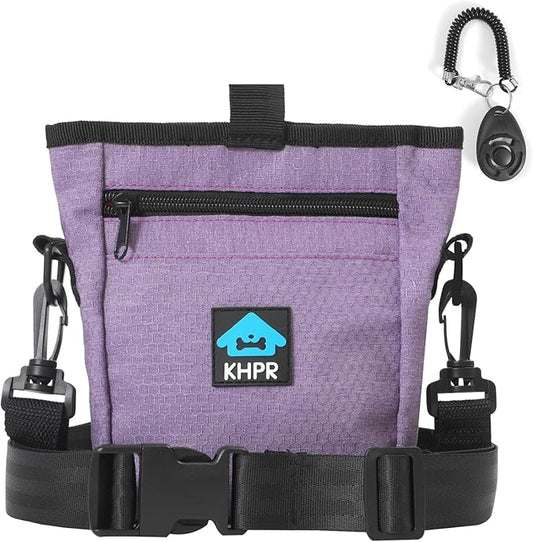 Dog Treat Pouch Magnetic Closure with Training Clicker，Hands-Free Design to Prevent Spills，Built in Poop Bag Dispenser，3 Ways To Wear，Metal Clip Waist Belt and Fanny Pack for Pet Walking（Purple）