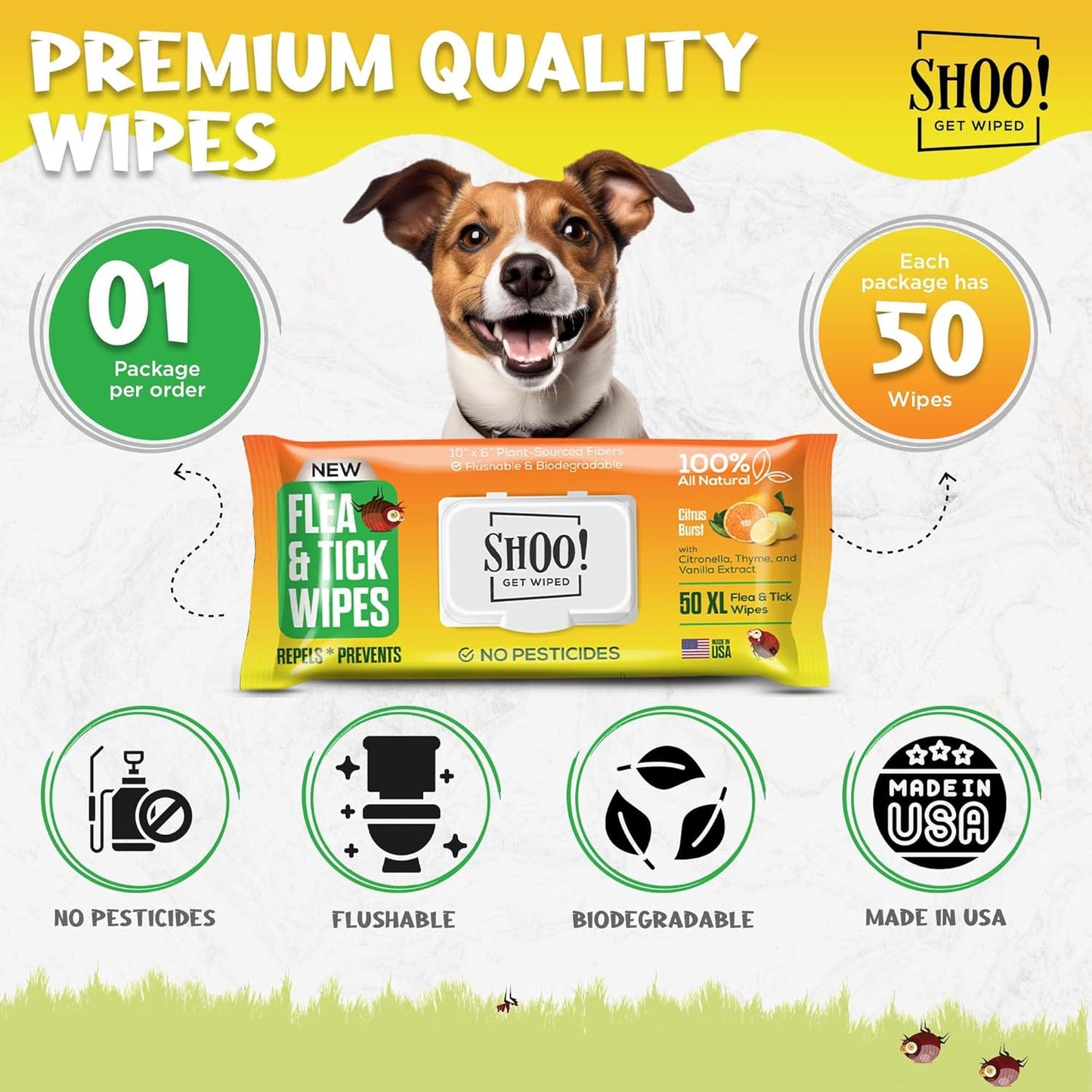 Shoo! Flea & Tick Wipes for Dogs | Convenient, Easy On-The-Go Protection | Plant Based, Natural Oils, Chemical Free | Repels & Prevents | 50 XL Wipes | (Citrus Burst)