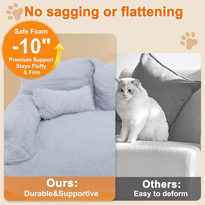 Cat Sofa, Pet Bed with Bolstered Edges, Extra Plush Sponge Padding, Cat Beds for Indoor with Removable Washable Cover, Non-Slip Bottom, Grey