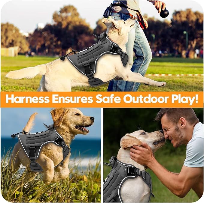 Heavy-Duty Tactical Dog Harness for Large Dogs, No Pull Adjustable Reflective Pet Vest with Molle System, K9 Military-Grade Control for Service Training, Outdoor & 10+ Breeds, Gray, XX-Large