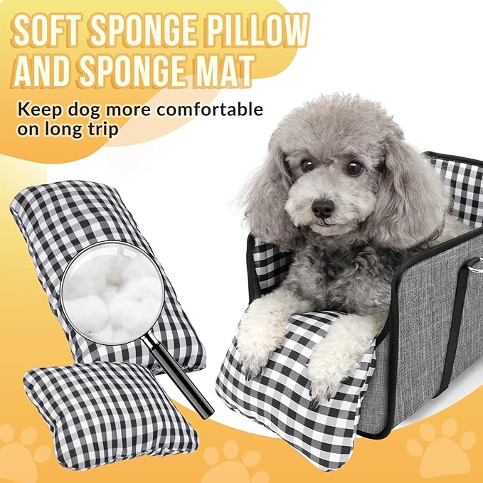 SlowTon Console Dog Car Seat - Portable Dogs Armrest Booster Seat for Small Dog, Anti-Collapse Pet Car Seat with Soft Cushion Safety Belt, Support Pet Up to 11lbs (Grey)