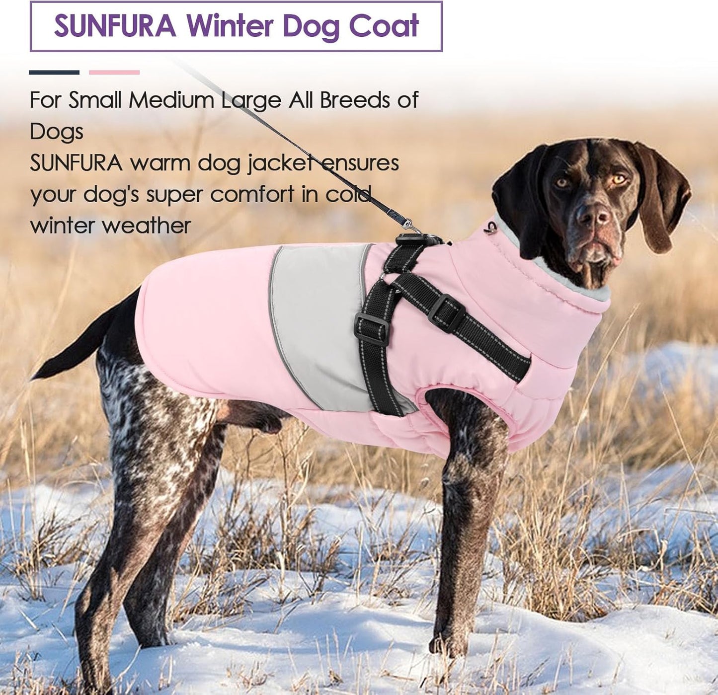 SUNFURA Dog Coat, XXL Dog Jacket Winter with Harness Built in, Waterproof Pet Snow Jacket with Furry Collar for Chilly Day, Reflective Fleece Snowsuit for Extra Large Dogs, Pink 2XL